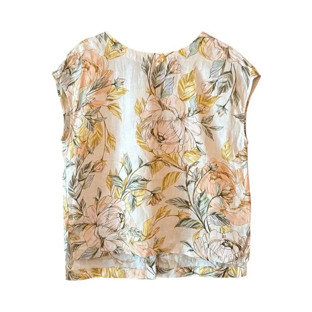 NICOLE MILLER New York 100% Linen Floral Blouse | Peony Print | Cap Sleeve Butto